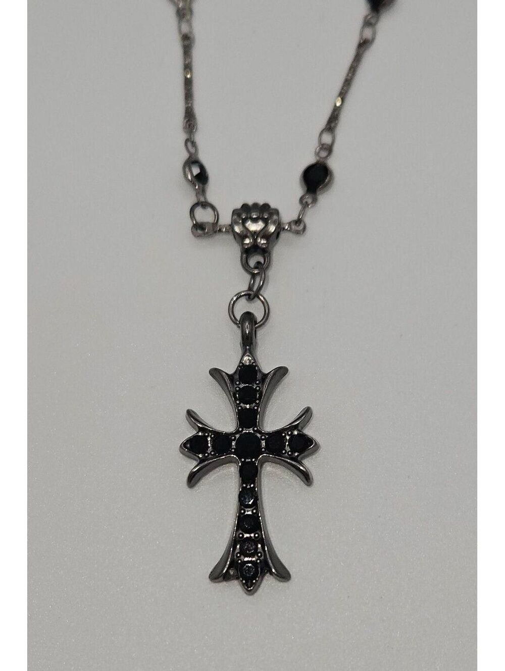 Gothic Cross Choker Necklace Black Onyx Beaded Rosary Chain
